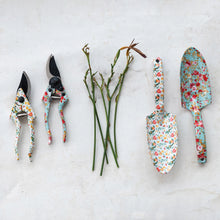 Load image into Gallery viewer, Creative Co-Ops Flowered Garden Tools: 2 Styles feature two floral-patterned pruning shears and aluminum tools, arranged with pruned rose stems on a light surface to add vibrant style to your gardening routine.