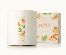 Load image into Gallery viewer, A white Lit Decor and Gift Thymes Aromatic 8 oz Candle sits beside its box, adorned with watercolor mandarin orange slices and green leaves, offering an uplifting fragrance and clean burn for your space.