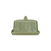 Load image into Gallery viewer, The Green Debossed Stoneware butter dish features a matte reactive glaze, a tree-shaped handle, and a debossed tree design on the lid, shown against a white background.