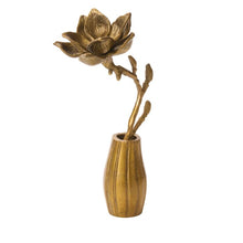 Load image into Gallery viewer, A decorative spring display, the Golden Cast Aluminum Flower &amp; Pot features multiple buds and leaves in antique gold aluminum, set in a matching vase against a white background.