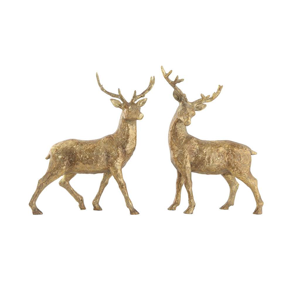 The Gold Standing Deer features two gold-toned resin deer statues with textured surfaces, realistic details, and prominent antlers. Positioned side by side facing each other, they're perfect for contemporary wildlife décor.
