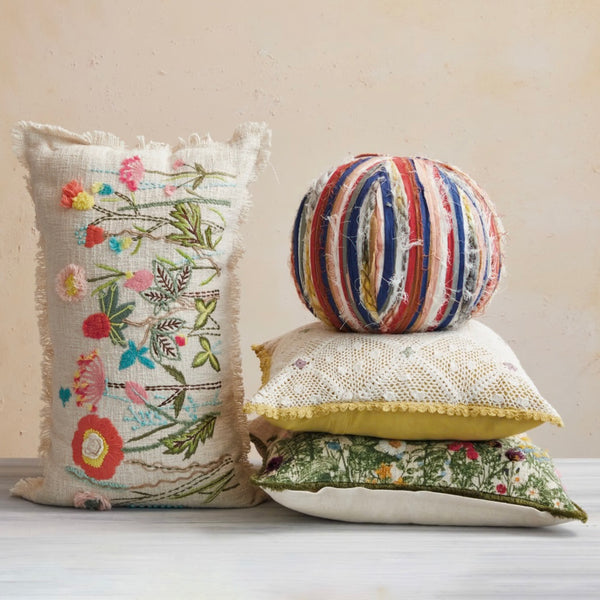18" Embroidered Floral Pillow with Beads