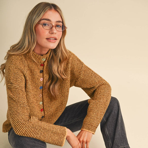Striped Sweater Cardigan with Colorful Buttons