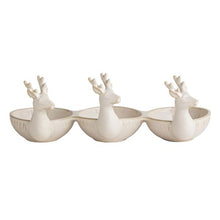 Load image into Gallery viewer, The Triple Deer Tidbit is a charming rustic serving dish featuring three connected white ceramic bowls, each with a reindeer head and antlers. It’s perfect for adding character to your tableware.