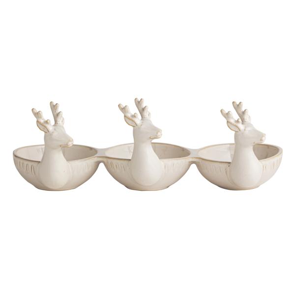 The Triple Deer Tidbit is a charming rustic serving dish featuring three connected white ceramic bowls, each with a reindeer head and antlers. It’s perfect for adding character to your tableware.