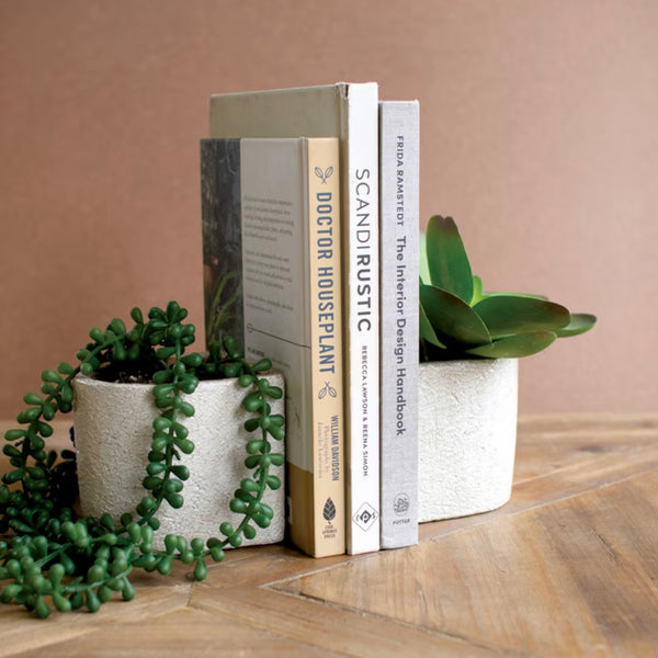 S/2 White Concrete Bookend Planters