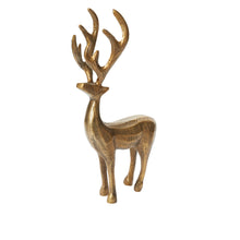 Load image into Gallery viewer, The Golden Prancer Reindeer Figurine features large antlers and a textured, patterned gold finish, making it a striking holiday decor piece that stands out beautifully against a white background.