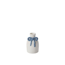 Load image into Gallery viewer, The Budvase w/ Bow is a small white ceramic vase featuring a narrow neck and a blue bow around the top, ideal for Easter or spring event decor, shown against a plain white background.