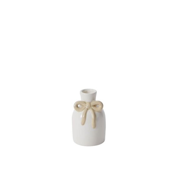 The Budvase w/ Bow is a small white ceramic vase with a narrow opening and beige bow, ideal for spring event decor. Part of our Bundle of Joy Budvases collection, it’s shown on a plain white background.