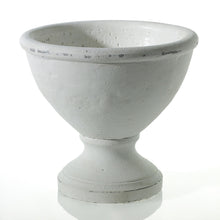 Load image into Gallery viewer, The Rustic White Compote features a textured concrete finish, wide rounded top, and narrow base—ideal as a floral arrangement vase. Shown against a plain white background.