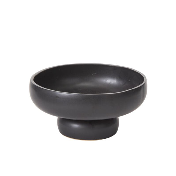 The Glossy Black Compote features a wide, rounded shape and a sturdy pedestal base—perfect for elegant ikebana arrangements—shown here against a plain white background.