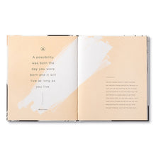 Load image into Gallery viewer, The Beautiful Thoughts Book features an open spread: the left page displays Marcus Solero’s quote, &quot;A possibility was born the day you were born and it will live as long as you live,&quot; while the right shows a short passage on a beige background.