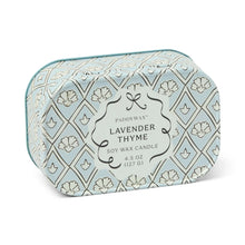 Load image into Gallery viewer, The Cherie Tin 4.5 oz Candle is a rectangular tin candle in blue and white floral design, blending soothing lavender and thyme scents for a refreshing aroma.