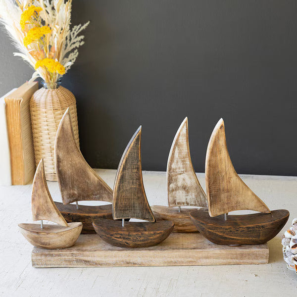 Five Wooden Boats w/ Stand