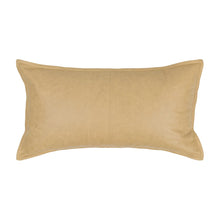 Load image into Gallery viewer, The 14x26 Leather Pillow is rectangular and tan, made from genuine leather with subtle edge stitching and a feather blend insert, shown against a plain white background.