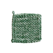 Load image into Gallery viewer, The Holiday 8&quot; Crocheted Pot Holder features a square green and white cotton design with a corner loop for hanging—ideal for festive kitchen décor.