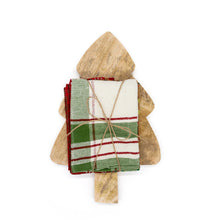 Load image into Gallery viewer, A stack of plaid Christmas napkins tied with twine rests on the Tree Board Gift Set, creating festive kitchen decor against a crisp white background.