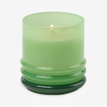 Load image into Gallery viewer, The 7oz Stacked Glass Candle, crafted from green soy wax, glows in a glossy translucent green glass holder with a ribbed base, set against a plain white background.
