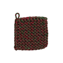 Load image into Gallery viewer, The Holiday 8&quot; Crocheted Pot Holder features red and green cotton yarn in a square design with a small loop at the top left, ideal for festive kitchen décor, displayed on a white background.