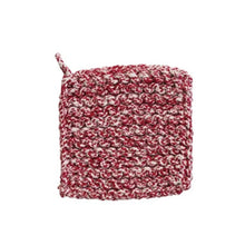 Load image into Gallery viewer, The Holiday 8&quot; Crocheted Pot Holder is a square, red and white cotton accessory with a corner loop, ideal for festive kitchen décor, shown on a white background.
