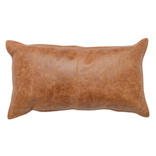 Load image into Gallery viewer, The 14x26 Leather Pillow features brown genuine leather with visible stitching, a smooth textured surface, and a feather blend insert for comfort, shown against a white background.