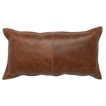 Load image into Gallery viewer, The 14x26 Leather Pillow in brown genuine leather with center stitching and a feather blend insert is shown on a white background.