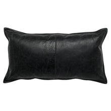 Load image into Gallery viewer, The 14x26 Leather Pillow is a rectangular black genuine leather pillow with center stitching, a feather blend insert, and is shown on a white background.