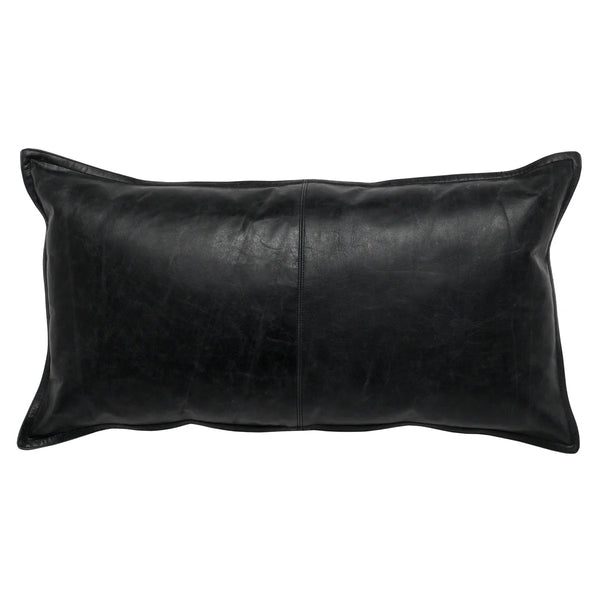 The 14x26 Leather Pillow is a rectangular black genuine leather pillow with center stitching, a feather blend insert, and is shown on a white background.