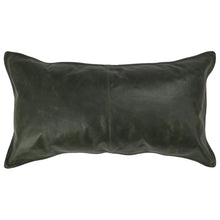 Load image into Gallery viewer, The 14x26 Leather Pillow features rectangular dark green genuine leather with center stitching and a soft feather blend insert, shown on a white background.