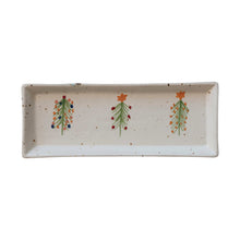 Load image into Gallery viewer, Hand-Painted Stoneware Platter w/ Christmas Trees, Multi Color Speckled