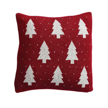 Load image into Gallery viewer, 18" Square Cotton Knit Pillow with Tree &amp; Heart Pattern, Red &amp; Natural