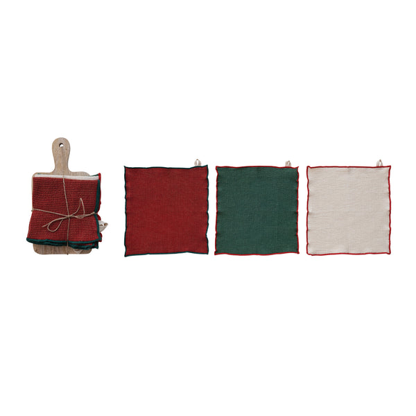 (3) Dish Cloths with Stitched Edge & Cheese/Serving Board, Set of 4 Tied with Jute