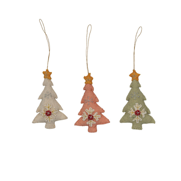 Handmade Wool Felt Tree Ornament with Star, Snowflake & Embroidery, 3 Colors