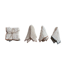 Load image into Gallery viewer, Three off-white Square Cotton Waffle Weave Dish Cloths with colored edges are displayed against a white background: one is folded and tied with string, while two show the textured waffle weave in upright, folded arrangements.