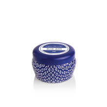 Load image into Gallery viewer, The Capri Blue 3oz Mini Tin candle features a round blue tin labeled Blue Jean with a white geometric design, making it the perfect travel-sized candle, shown against a white background.