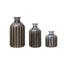 Load image into Gallery viewer, Three Blue Stoneware Vases, each with a blue and brown striped glaze and a textured vertical leaf-like design, are shown in varying heights against a plain white background.