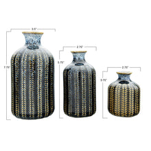 Load image into Gallery viewer, The Blue Stoneware Vase features a striking striped pattern and is available in small (3.75x2.75), medium (5.75x2.75), and large (7.75x3.5) sizes—perfect decorative accents for any space.