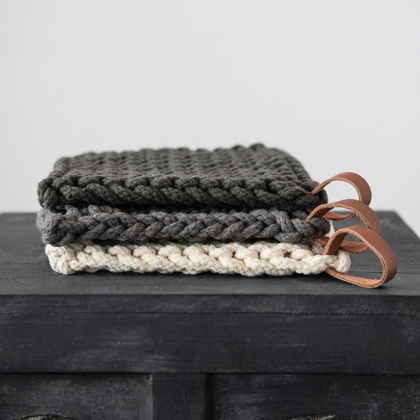 Grey/Ivory Crocheted Pot Holder w/ Leather Loop