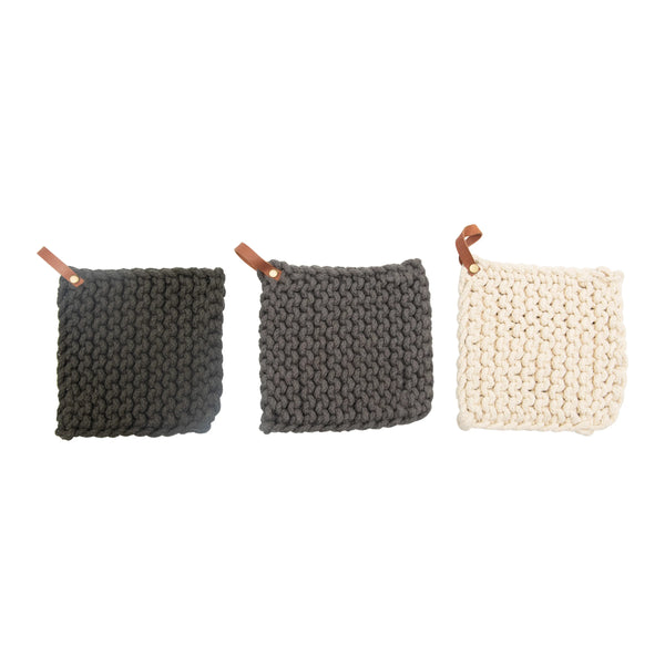 Grey/Ivory Crocheted Pot Holder w/ Leather Loop