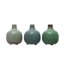 Load image into Gallery viewer, Three Terracotta Mini Vases with short necks in green and blue shades, featuring rustic finishes, evoke a charming vintage look and are displayed side by side on a white background.