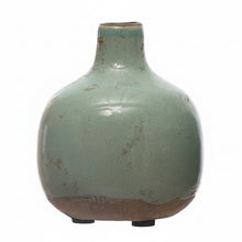 Load image into Gallery viewer, The Terracotta Mini Vase is a rounded, light green handcrafted terra-cotta vase with a narrow neck, rustic mottled finish, and slightly uneven base—ideal for adding vintage charm to your farmhouse décor.