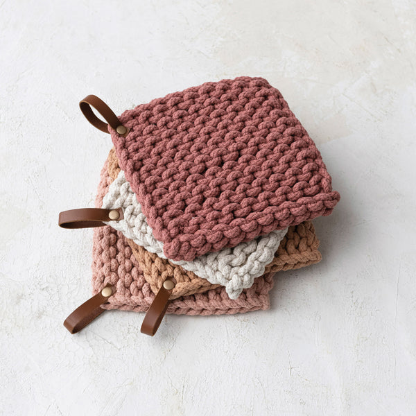 Pink/Ivory Crocheted Pot Holder w/ Leather Loop