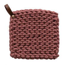 Load image into Gallery viewer, Pink/Ivory Crocheted Pot Holder w/ Leather Loop