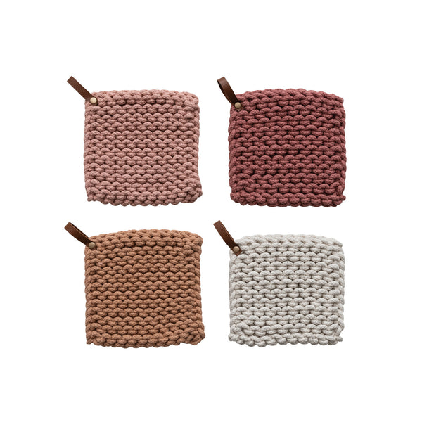 Pink/Ivory Crocheted Pot Holder w/ Leather Loop