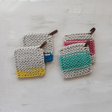 Load image into Gallery viewer, Set of four Crocheted Pot Holders with leather straps in blue, yellow, pink, and teal stripes. Use as decorative kitchen heat protection or unique handcrafted cotton coasters. Product Name: Crocheted Pot Holder w/ Leather Strap, 4 Styles.