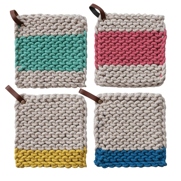 Set of four crocheted pot holders with a leather strap, each featuring a unique colored stripe—green, pink, yellow, or blue—on a beige background. Available in four styles.
