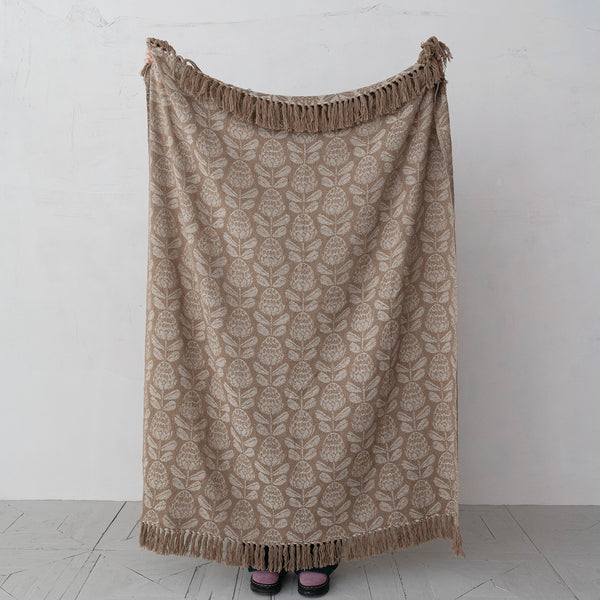 60x50" Taupe Woven Cotton Jacquard Throw