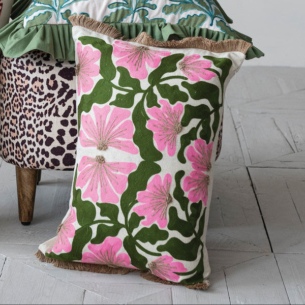 Embroidered Flowers w/ Jute Fringe Pillow