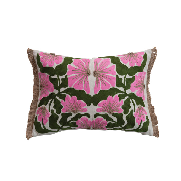 Embroidered Flowers w/ Jute Fringe Pillow