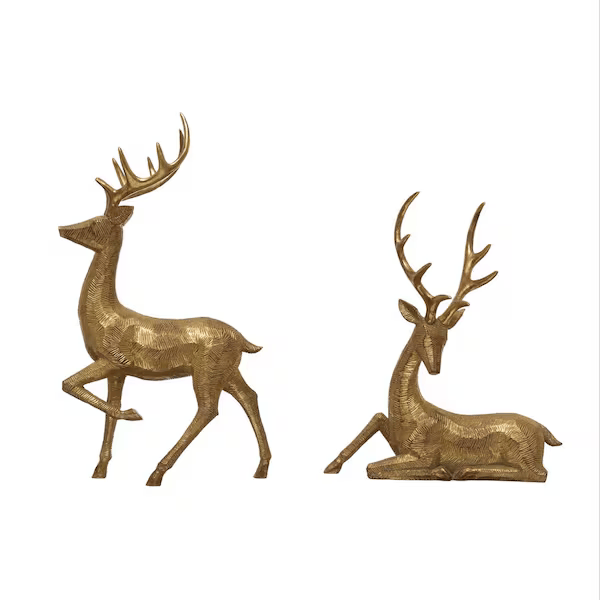The Gold Resin Deer set includes one standing and one sitting figurine, both with large antlers—perfect as elegant holiday table decor or decorative accents against a plain white background.